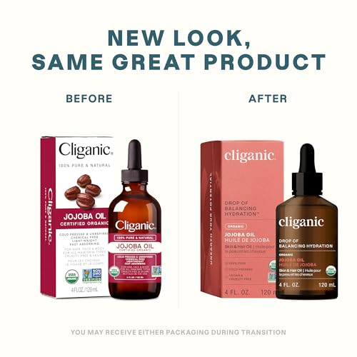 Cliganic Organic Jojoba Oil, 100% Pure (4oz) | Moisturizing Oil for Face, Hair, Skin & Nails | Natural Cold Pressed Hexane Free | Base Carrier Oil (Packaging May Vary)